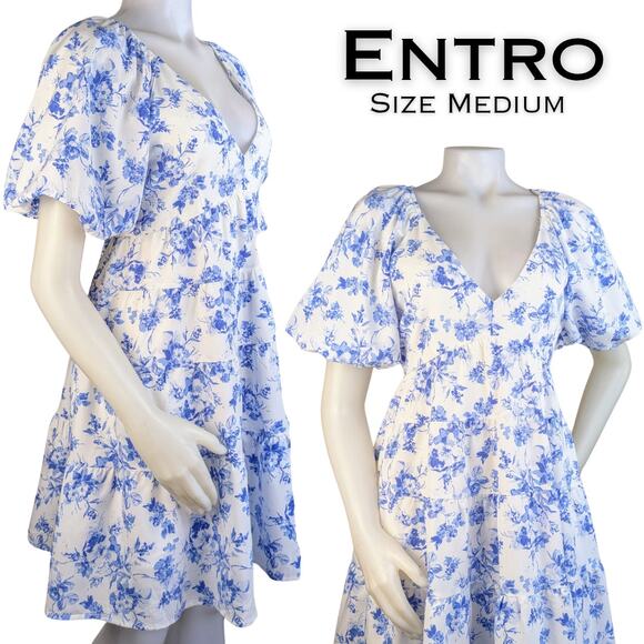 Entro Dresses & Skirts - Entro Babydoll Minidress Medium White Blue Floral Ruffle Puff Sleeve Cottagecore